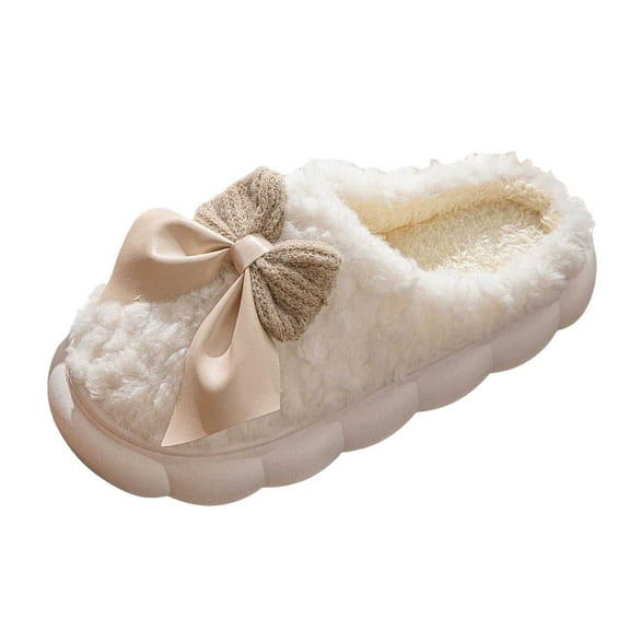 Cozy Women's Slippers Fuzzy Indoor Shoes With Bowknot Design Warm Winter Home Footwear Soft Comfortable On Flat Heel