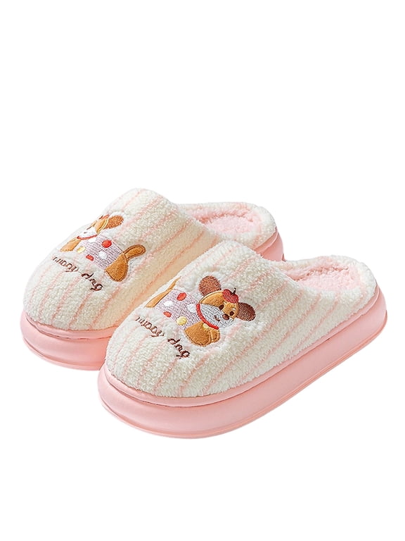 Slippers for Women Men, House Slippers for Women Men Cozy Cute Cartoon Puppy Dog Women Men Slippers, Warm Striped Sherpa Lightweight Platform Clog Anti-Slip Indoor Outdoor Slippers