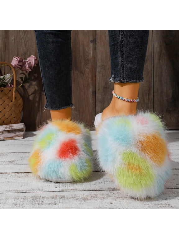Slippers for Women Men, House Slippers for Women Men Cozy Tie Dye Rainbow Fluffy Women Men Slippers, Warm Shaggy Faux Fur Platform Clog Anti-Slip Indoor Outdoor Slippers