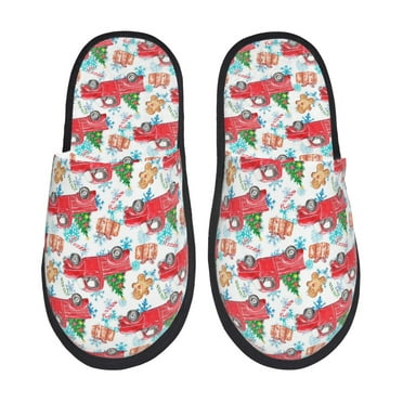 Slippers for Women Men, Watercolor Red Truck Fir Tree Warm Womens Mens House Shoes Bedroom Slippers, Fuzzy Memory Foam Slippers Winter House Indoor Shoes Aesthetic Dorm Slippers