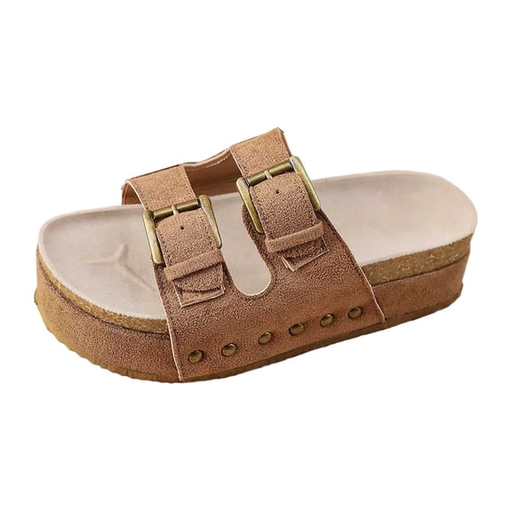 Slippers for Women,Slide Slippers Casual Comfortable Thick Sole Open Toe On Sandals For Summer Daily Wear With Buckle Design,Womens Slippers,Khaki,5.5