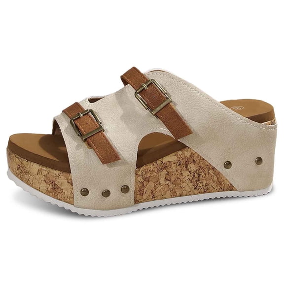 Slippers for Women,Slipper For Everyday Comfort Outdoor Beach Style With Open Toe Buckle Design Platform Wedge Heel For Summer Fashion,Womens Slippers,Beige,7