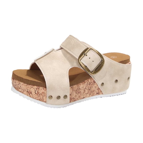 Slippers for Women,Summer Slide Sandals Casual Open Toe Platform Slippers With Buckle Strap Leather Upper For Daily Wear Comfortable Outfit,Womens Slippers,Beige,9