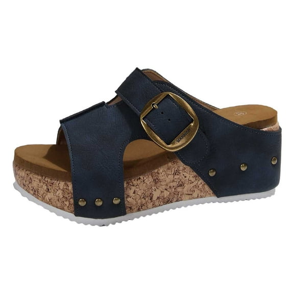 Slippers for Women,Summer Slide Sandals Casual Open Toe Platform Slippers With Buckle Strap Leather Upper For Daily Wear Comfortable Outfit,Womens Slippers,Navy,9.5
