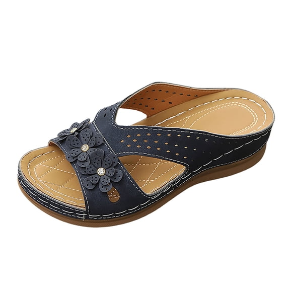 Slippers for Women,Summer Slippers Casual Fish Toe Sandals With Hollow Out Flower Design Thick Platform Slides For Daily Wear,Womens Slippers,Navy,7.5