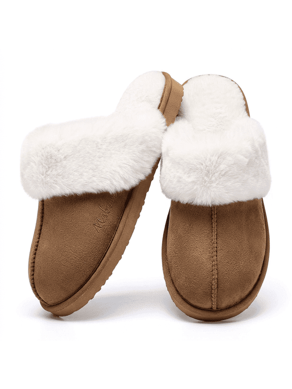 Women’s Cotton Slippers, Faux Suede Scuff House Slippers With Fluffy Faux Fur Collar, Warm Cozy Non‑Slip Indoor Footwear for Ladies Fall Winter