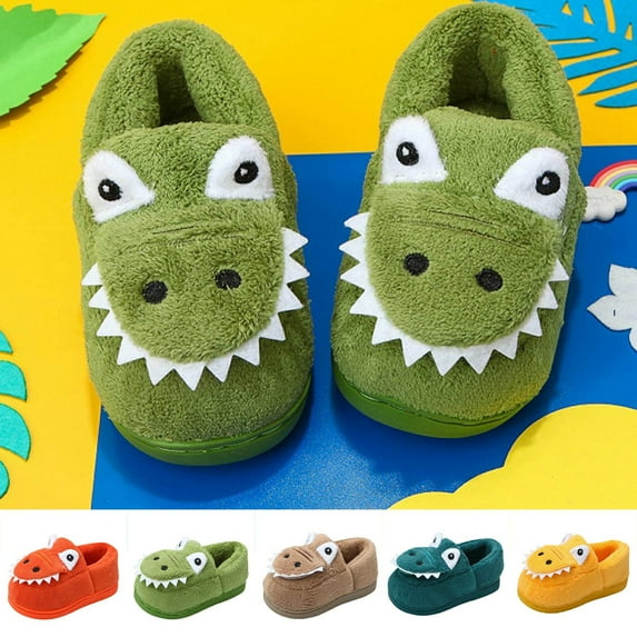 Slippers for Kids Cute 3D Dinosaur Fall Winter Lightweight Shoes Soft Comfortable Warm Closed Toe Pull On Boys Shoes Khaki Sizes 4-4.5 Y
