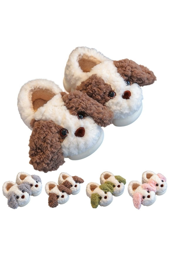 Slippers for Kids Winter Warm Cute Dog Shape Indoors Shoes Heel Cover Comfy Closed Toe Slip On Toddler Girl Shoes Coffee Sizes 9.5-10 Y