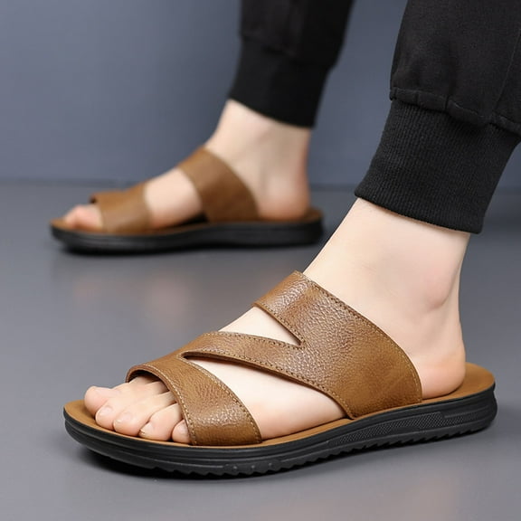 Slippers for Men Fashion Casual Open Toe Top Layer Cowhide Soft Sole Spring And Summer Style Breathable Soft Leather Beach Thick-Soled Sandals