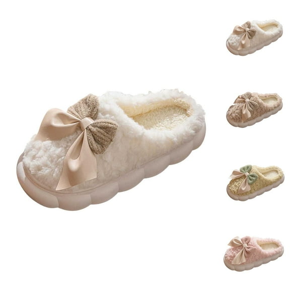 Slippers for Women 2025 Fall Winter Cute Bow Warm Cozy Plush Fuzzy Fluffy Platform Slip On Slides House Slippers
