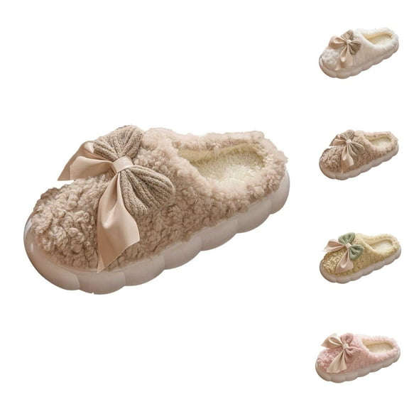 Slippers for Women 2025 Fall Winter Cute Bow Warm Cozy Plush Fuzzy Fluffy Platform Slip On Slides House Slippers