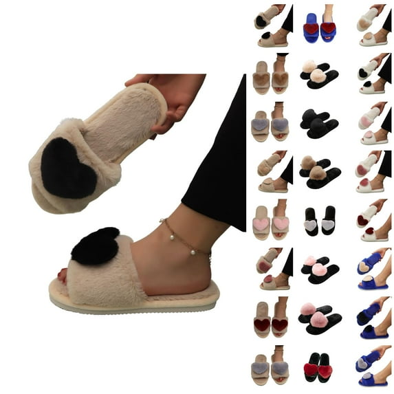 Slippers for Women 2025 Fall Winter Plush Heart Fuzzy Slipper Slip On Slides Indoor House Slippers