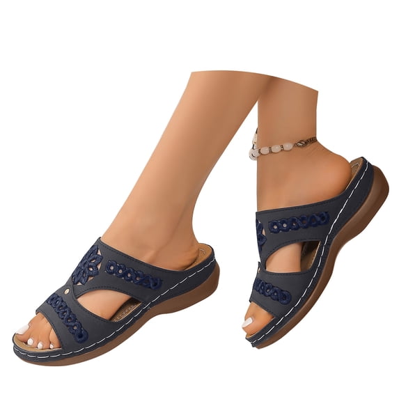 Slippers for Women,2025 New Wedge Slippers Plus Size Sandals Wear Retro Non Round Toe Wedge Slippers,Womens Slippers,Navy,10