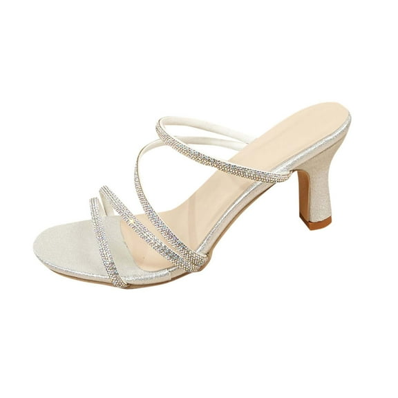 Slippers for Women Beach Vacation Holiday Fashion Summer Casual Daily Stiletto High Heels Open Toe Slip-On Sandals Shoes Silver 9