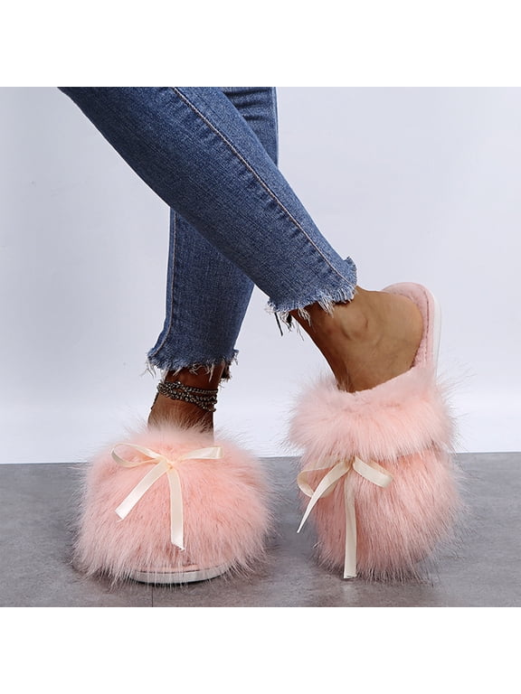 Bow Slippers for Women, Closed Toe Fluffy House Shoes with Ribbon Bowknot, Shaggy Faux Fur Flat Non-Slip Bedroom Slippers for Bridal Party Gifts