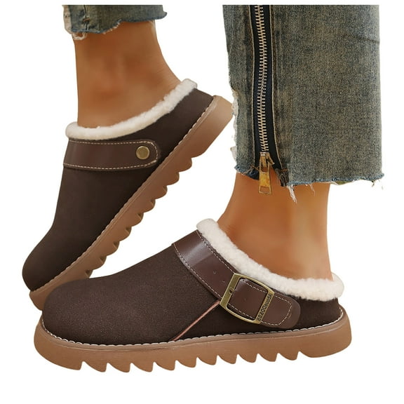 Slippers for Women Furry Lined Winter Clogs Trendy Buckle Strap Slip on House Shoes Antislip Platform Lug Sole Casual Slides Coffee Size 7