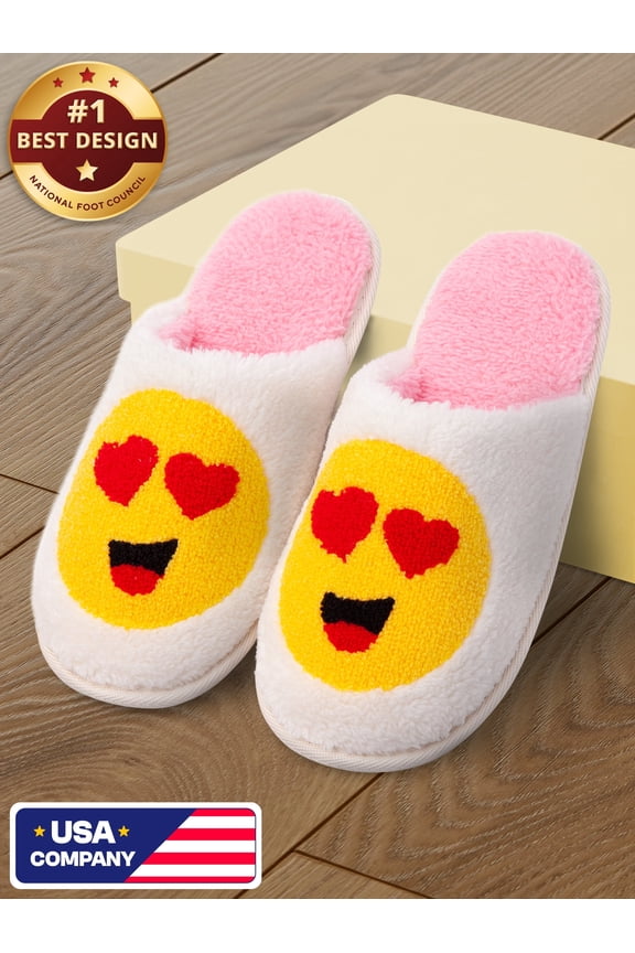 Slippers for Women, Fuzzy House Shoes, Smiley Face & Heart Eyes by Bergman Kelly