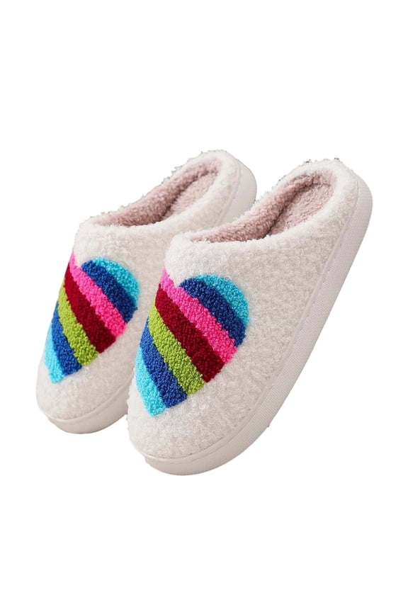 Slippers for Women Indoor And Outdoor Rainbow Heart Shoes Fuzzy Memory Foam Fleece Slip On Home Slippers