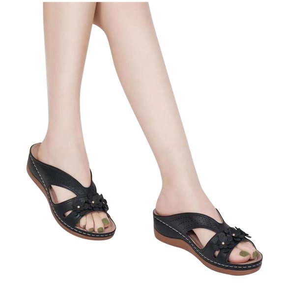 Slippers for Women Indoor Fashion Casual Summer Style Wedge Heel Solid Color Flower Beach Slippers