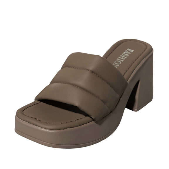 Slippers for Women,Ladies Fashion Summer Solid Leather Open Toe Square Head Thick High Heel Sandals,Womens Slippers,Brown,6.5