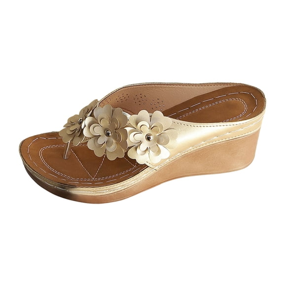 Slippers for Women,Ladies Flower Sandal Slippers Summer Slope Heel Fish Mouth Casual Roman High Heel Sandal Slippers,Womens Slippers,Gold,6