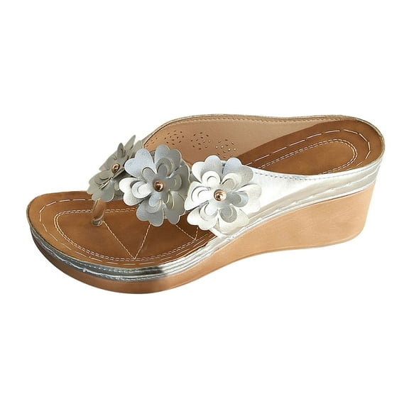 Slippers for Women,Ladies Flower Sandal Slippers Summer Slope Heel Fish Mouth Casual Roman High Heel Sandal Slippers,Womens Slippers,Silver,9..5