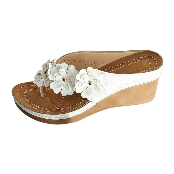 Slippers for Women,Ladies Flower Sandal Slippers Summer Slope Heel Fish Mouth Casual Roman High Heel Sandal Slippers,Womens Slippers,White,6