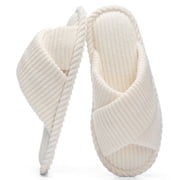 Goewy Womens Open Toe Slippers with Memory Foam, Anti-Skid Indoor Outdoor House Shoes, Fuzzy Corduroy, Beige, Size 9-10
