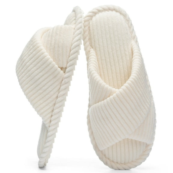 Goewy Women's Open Toe Slippers with Memory Foam, Anti-Skid Indoor Outdoor House Shoes, Fuzzy Corduroy, Beige, Size 9-10