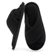 Goewy Womens Open Toe Slippers with Memory Foam, Anti-Skid Indoor Outdoor House Shoes, Fuzzy Corduroy, Black, Size 7-8