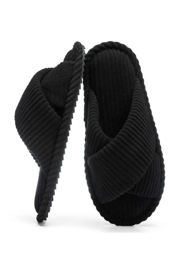 Women's Open Toe Slippers with Memory Foam, Anti-Skid Indoor Outdoor House Shoes, Fuzzy Corduroy, Black, Size 9-10