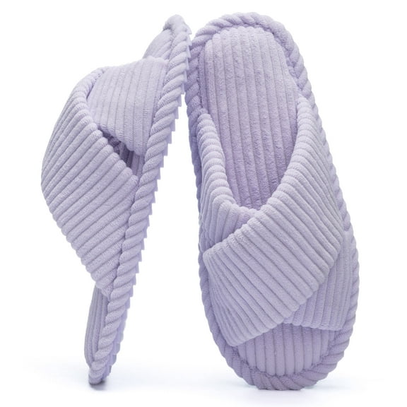 Goewy Women's Open Toe Slippers with Memory Foam, Anti-Skid Indoor Outdoor House Shoes, Fuzzy Corduroy, Purple, Size 9-10