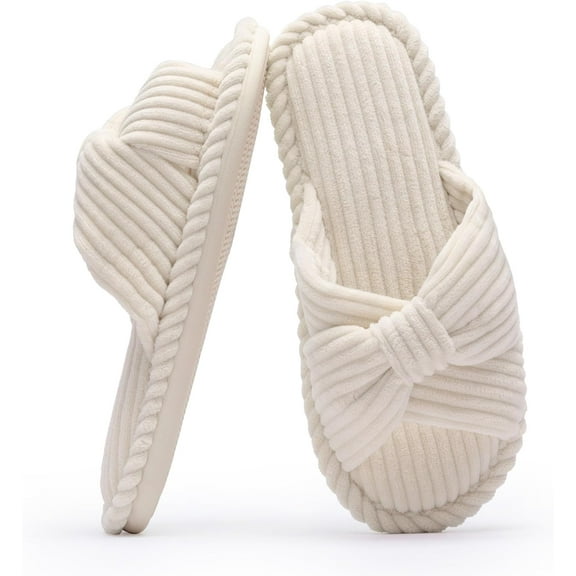 Slippers for Women Memory Foam House Womens Slipper Slides Home Bedroom Bathroom Spa Open Toe Corduroy Bow Slippers Cozy Comfortable