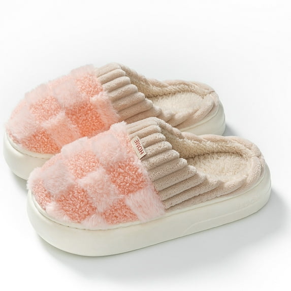 Slippers for Women Men Indoor Warm Cozy Winter Fuzzy Slides Unisex Plush Plaid Home Bedroom House Shoes