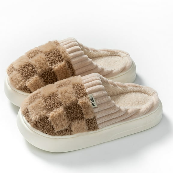 Slippers for Women Men Indoor Warm Cozy Winter Fuzzy Slides Unisex Plush Plaid Home Bedroom House Shoes
