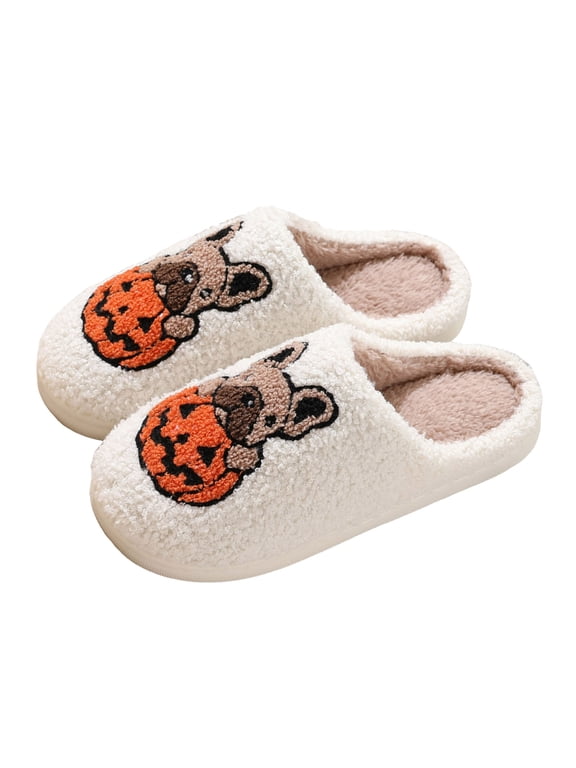 Slippers for Women Men Plush Fuzzy House Shoes Non Slip Winter Indoor Outdoor Slides Cute Ghost Pumpkin Bat Designs