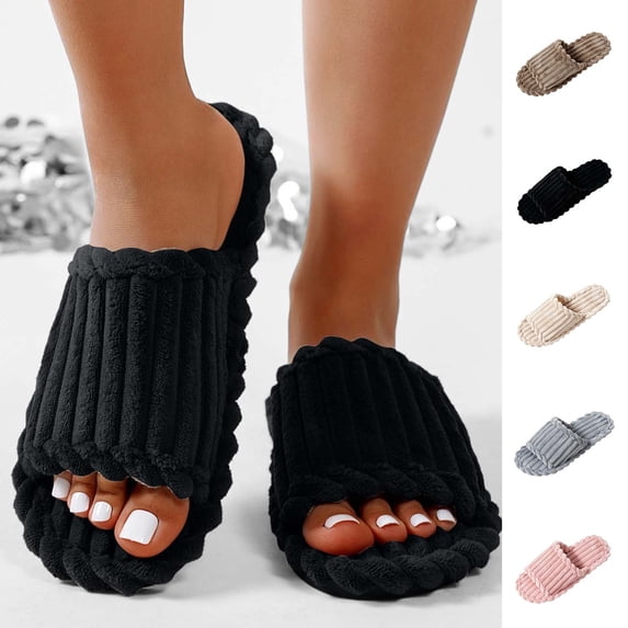 Slippers for Women Outdoor Indoor Fuzzy Soft Sole Open Toe Winter Slip-on Home Slippers Casual Indoor Outdoor Lightweight Bedroom Shoes