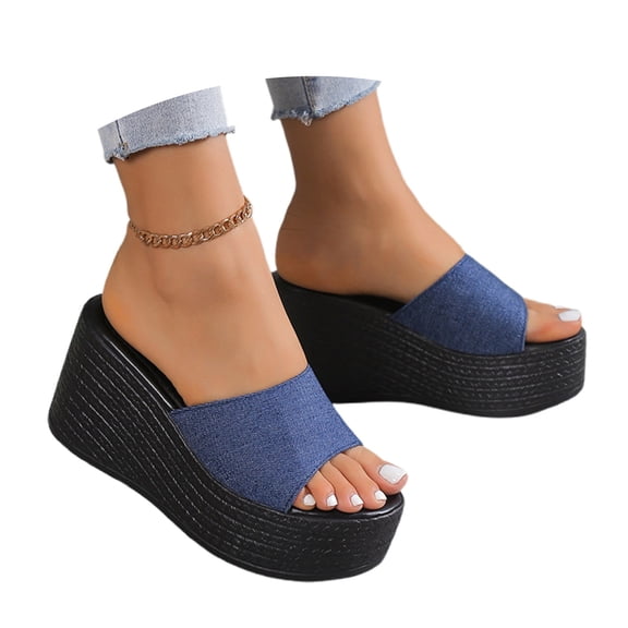 Slippers for Women,Platform Slippers Comfortable Casual Slide Sandals Soft Fabric Upper Thick Sole Outdoor Indoor Shoes,Womens Slippers,Dark Blue,5.5