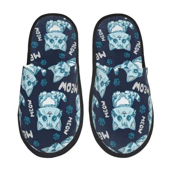 Slippers for Women, Sketch Cartoon Cat Paw Blue Womens Slippers Fuzzy Winter House Shoes, Soft Anti-Skid Slippers Indoor and Outdoor