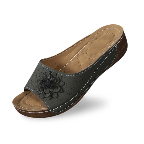 Slippers for Women,Stylish Opentoe Wedges With Leather Top And Flower Slippers Are Comfortable Shoes With Temperament,Womens Slippers,Army Green,8.5