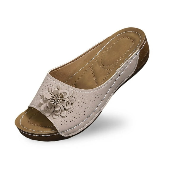 Slippers for Women,Stylish Opentoe Wedges With Leather Top And Flower Slippers Are Comfortable Shoes With Temperament,Womens Slippers,Beige,7