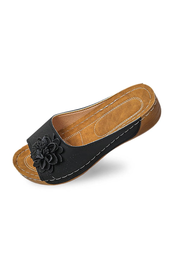 Slippers for Women,Stylish Opentoe Wedges With Leather Top And Flower Slippers Are Comfortable Shoes With Temperament,Womens Slippers,Black,7.5