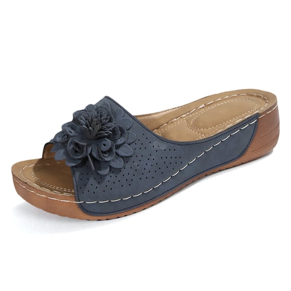Slippers for Women,Stylish Opentoe Wedges With Leather Top And Flower Slippers Are Comfortable Shoes With Temperament,Womens Slippers,Blue,9.5