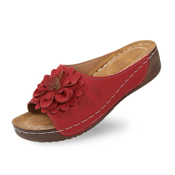 Slippers for Women,Stylish Opentoe Wedges With Leather Top And Flower Slippers Are Comfortable Shoes With Temperament,Womens Slippers,Red,6.5