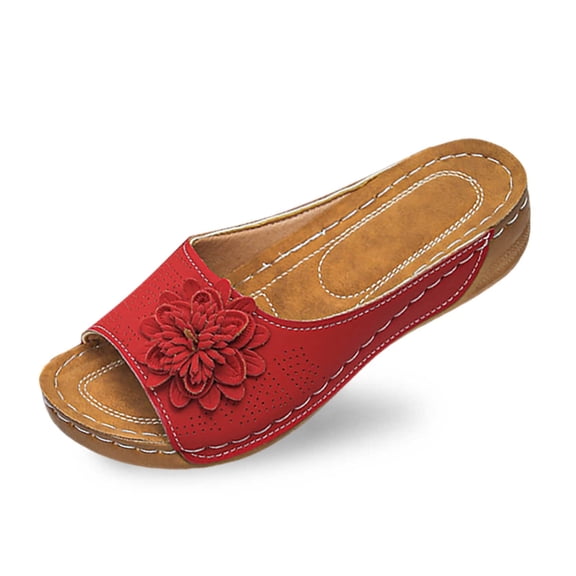 Slippers for Women,Stylish Opentoe Wedges With Leather Top And Flower Slippers Are Comfortable Shoes With Temperament,Womens Slippers,Red,8.5
