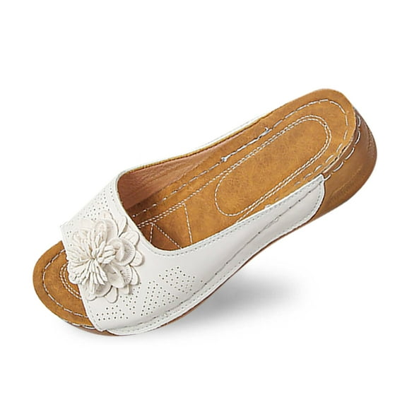 Slippers for Women,Stylish Opentoe Wedges With Leather Top And Flower Slippers Are Comfortable Shoes With Temperament,Womens Slippers,White,9