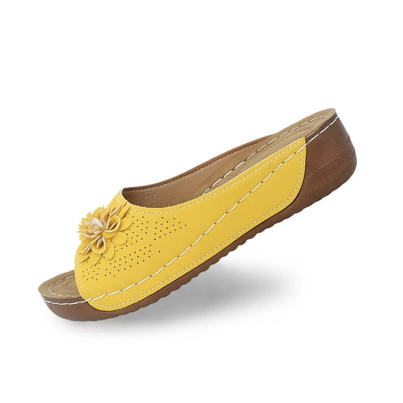 Slippers for Women,Stylish Opentoe Wedges With Leather Top And Flower Slippers Are Comfortable Shoes With Temperament,Womens Slippers,Yellow,7.5