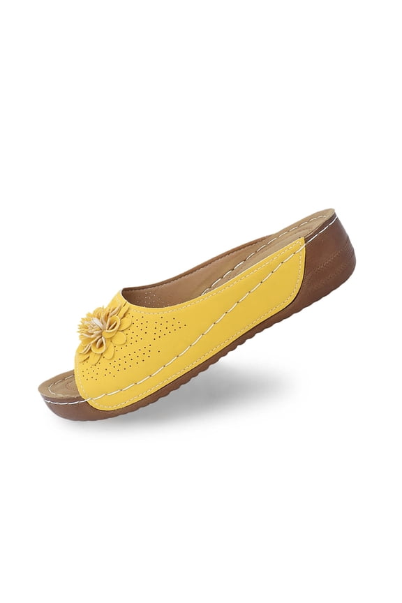 Slippers for Women,Stylish Opentoe Wedges With Leather Top And Flower Slippers Are Comfortable Shoes With Temperament,Womens Slippers,Yellow,9.5