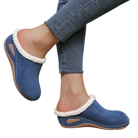 Slippers for Women Suede Closed Toe Wedge Heel Clogs Antislip Casual Furry Lined Home Indoor Slip on Slides Shoes Blue Size 6.5