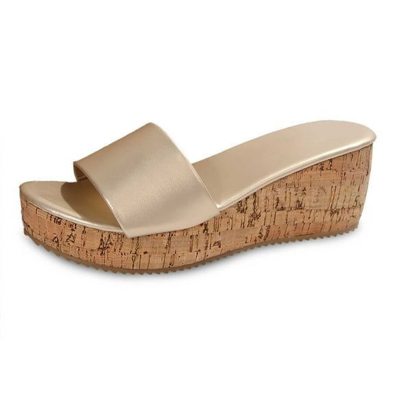 Slippers for Women,Summer Slippers Casual Leather Slide Sandals Open Toe Wedge Heel Comfortable Shoes For Daily Wear,Womens Slippers,Gold,7